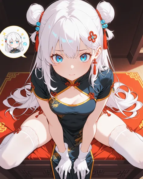 re:box, white hair , blue eyes, emotional expressionlessness, suspicious expression bubble , hair accessory, black Chinese outfit, with high slits, white arm length gloves, thigh high socks, sitting pose, hand resting on fabric, kolsuz , soft lighting, ele...