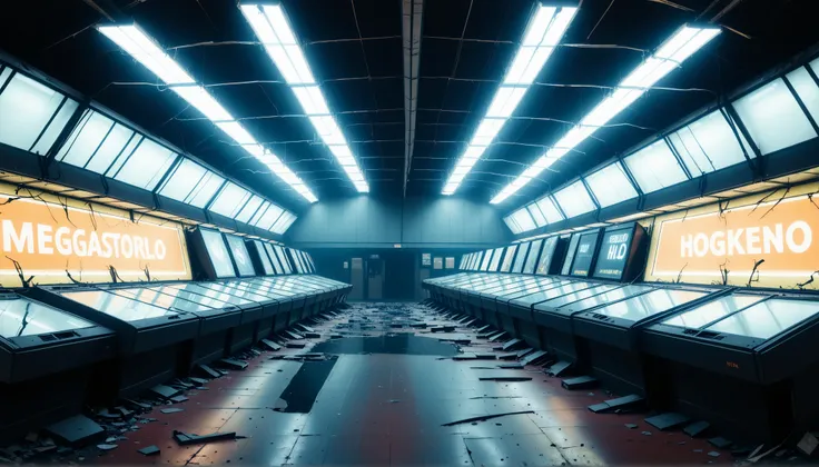 Abandoned Megastore, broken holo‑displays and flickering neon signs.