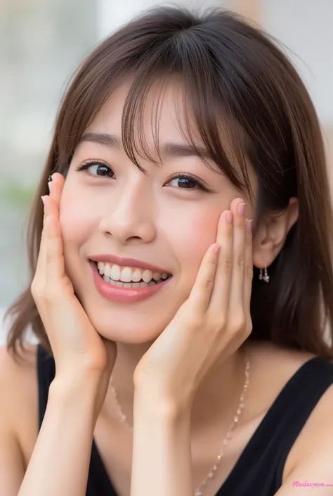 extreme close-up portrait, beautiful girl with her love-struck, radiant face filling the entire frame (95% face ratio), gently placing both open hands on her flushed cheeks with soft fingers, soft black camisole, white blurred background, eyes dreamy and h...