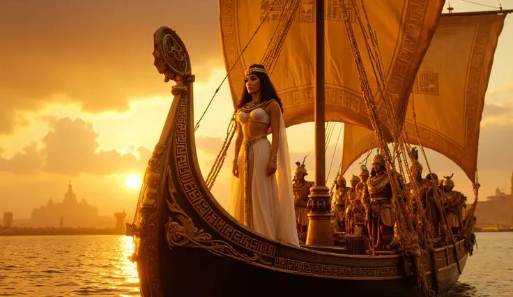 Beautiful Cleopatra, the powerful Egyptian queen, stands tall at the bow of an opulent wooden warship, adorned with golden accents and intricate hieroglyphs. Her deep, kohl-lined eyes gaze forward with an unshaken resolve, showing no remorse as she departs...