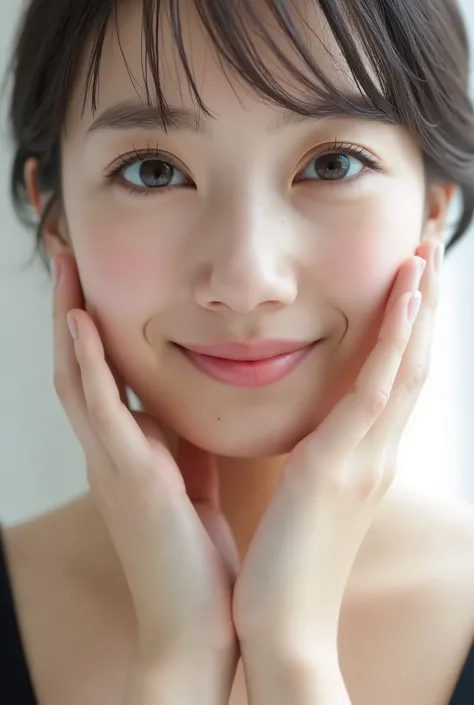 extreme close-up portrait, beautiful girl with her love-struck, radiant face filling the entire frame (95% face ratio), gently placing both open hands on her flushed cheeks with soft fingers, soft black camisole, white blurred background, eyes dreamy and h...