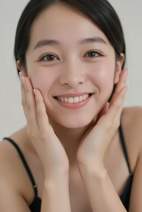 extreme close-up portrait, beautiful girl with her love-struck, radiant face filling the entire frame (95% face ratio), gently placing both open hands on her flushed cheeks with soft fingers, soft black camisole, white blurred background, eyes dreamy and h...