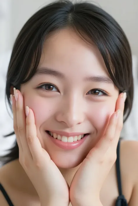 extreme close-up portrait, beautiful girl with her love-struck, radiant face filling the entire frame (95% face ratio), gently placing both open hands on her flushed cheeks with soft fingers, soft black camisole, white blurred background, eyes dreamy and h...