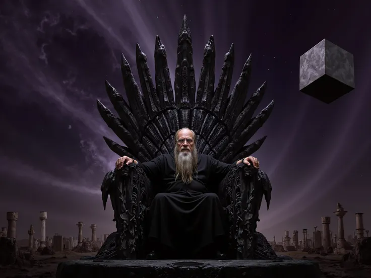 An old man seated on a throne of bones with Saturn's black cube