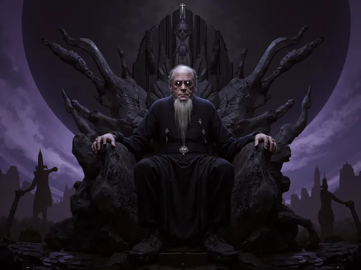 An old man seated on a throne of bones with Saturn's black cube