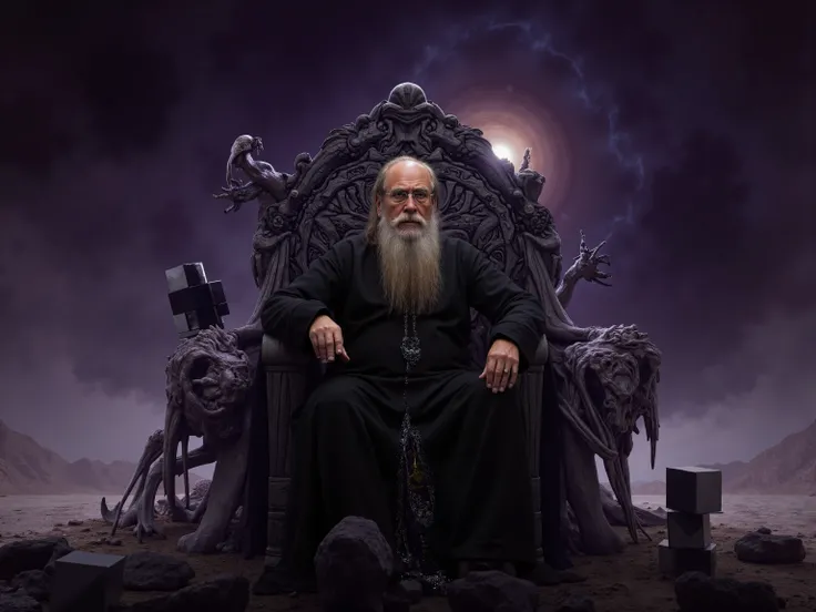 An old man seated on a throne of bones with Saturn's black cube