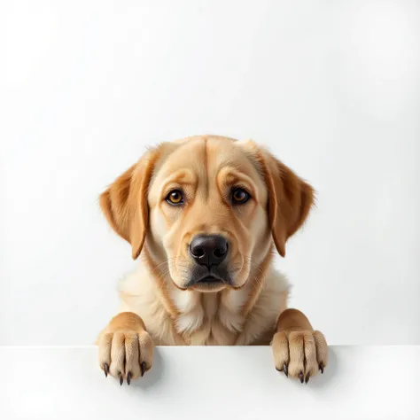 Labrador seems to be peeking out of the edge on a white background