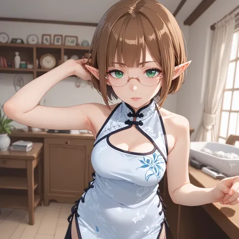 Ein3Tu113, green eyes, brown hair, short hair, pointy ears, glasses, China dress, looking at viewer, admiration
