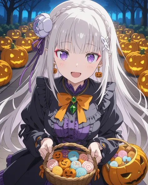 re:Emilia, with a shameful facial expression , Long wavy, riveted, smooth light skin with light blush and makeup, with a playful facial expression, light hair with a pronounced blue bow, and, adding a bizarre and festive atmosphere, with light blush and ma...