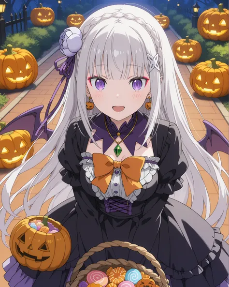 re:Emilia, with a shameful facial expression , Long wavy, riveted, smooth light skin with light blush and makeup, with a playful facial expression, light hair with a pronounced blue bow, and, adding a bizarre and festive atmosphere, with light blush and ma...