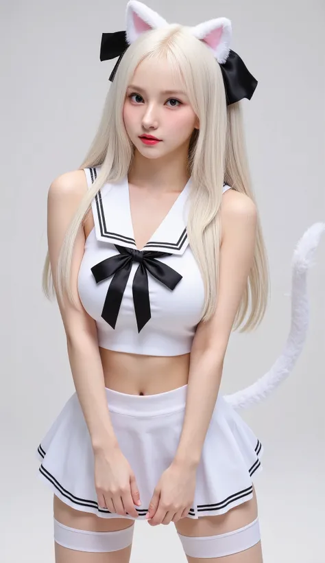 
(masterpiece, best quality:1.2),illustration,8k,HD,1 girl,alone,animal_ears,Cat_ears,bow,long_hair,hair_bow,white_hair,Bangs,Moderate_breast,Black_bow,ribbon,direction,Double tail,animal_ear_fluff,Red_Eye,hair bow,navel,white thighhighs,sleeveless tops,sa...