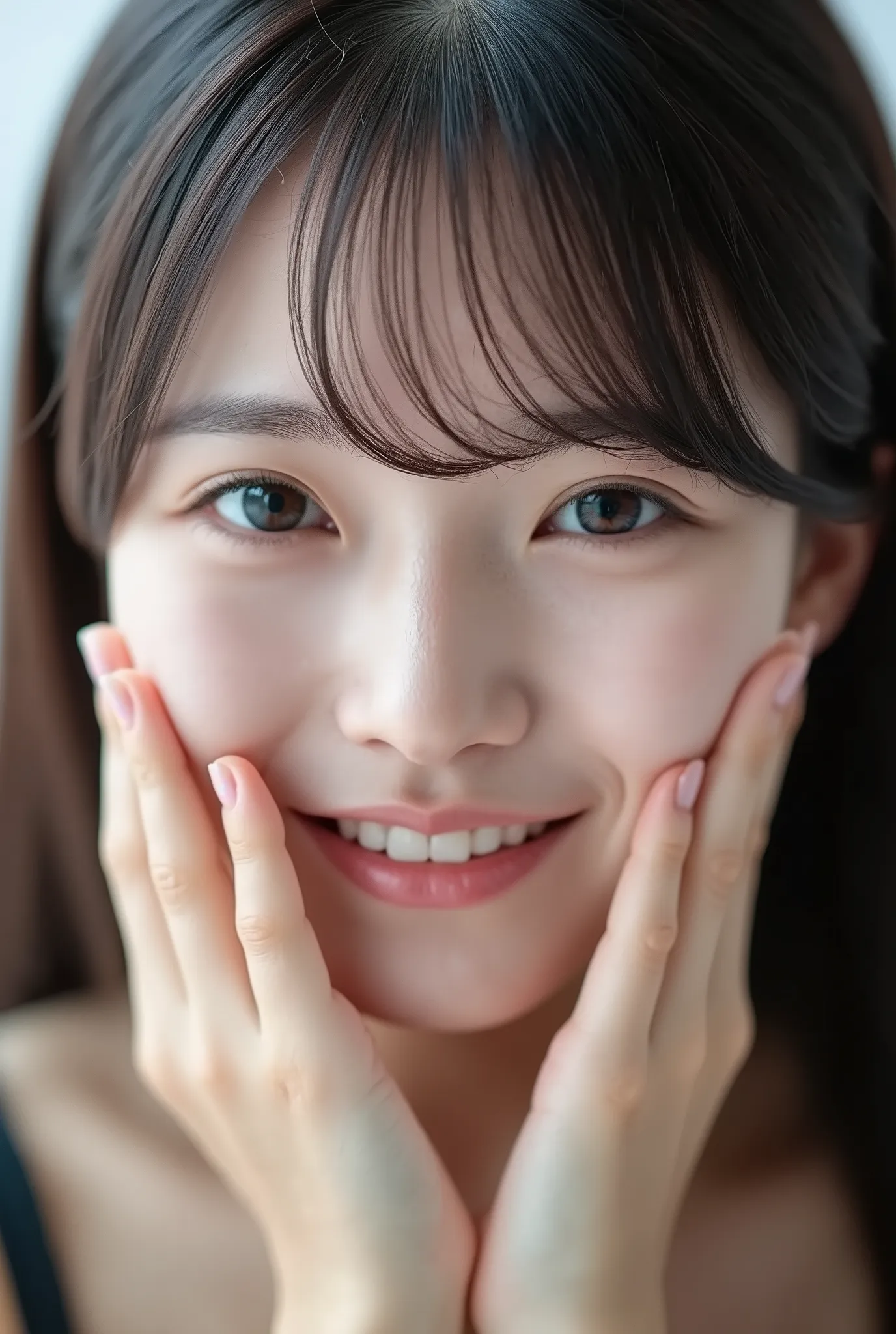 extreme close-up portrait, beautiful girl with her love-struck, radiant face filling the entire frame (95% face ratio), gently placing both open hands on her flushed cheeks with soft fingers, soft black camisole, white blurred background, eyes dreamy and h...