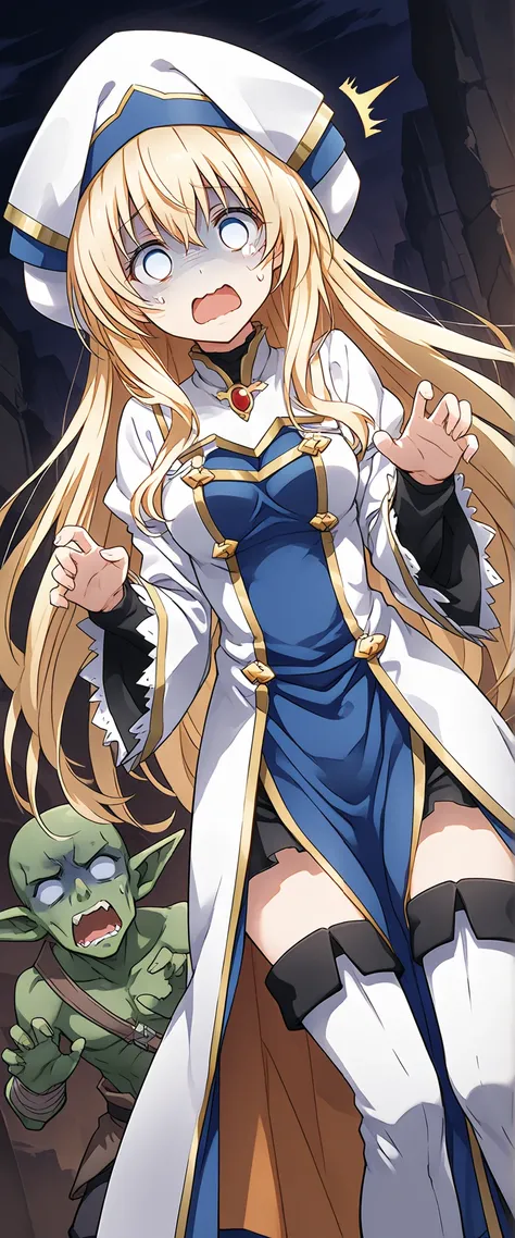 score_9, score_8_up, score_7_up, anime_source, priestess(goblin_slayer),blonde hair,blue eyes,hat,white headwear,long sleeves,hair between eyes,thigh boots,wide sleeves,small breasts,(blank eyes, white eyes, no pupils, surprised,turn pale:1.3),wavy mouth, ...
