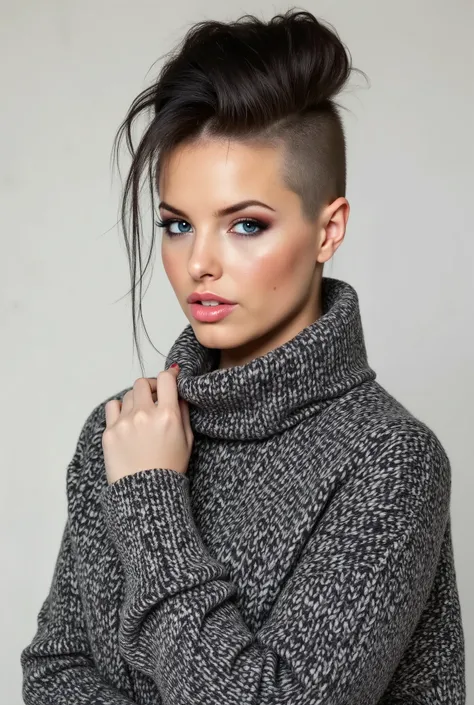 portrait of woman, aran sweater, side shaved hair