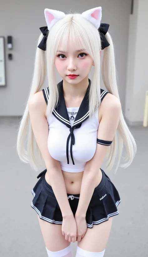 
(masterpiece, best quality:1.2),illustration,8k,HD,1 girl,alone,animal_ears,Cat_ears,bow,long_hair,hair_bow,white_hair,Bangs,Moderate_breast,Black_bow,ribbon,direction,Double tail,animal_ear_fluff,Red_Eye,hair bow,navel,white thighhighs,sleeveless tops,sa...