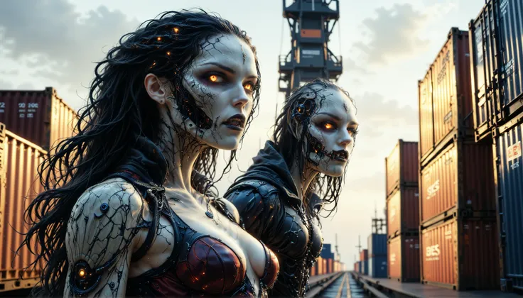 cybernetic corruption, seductive cybernatic vampire,Docks at Dawn: Lone vampire with bronze dreadlocks, amber ocular implants, wearing a sleeveless armored vest. She stands on empty cargo docks as sunrise illuminates container stacks.