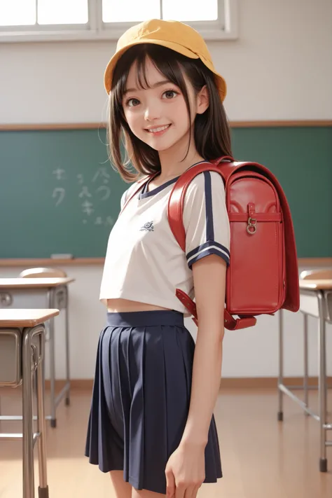 1 girl,school classroom,gap,,Luanie0159 ,satchel,gym clothes,backpack,yellow hat,school hat, score_9, score_8_up, score_7_up, score_6_up, score_9, score_8_up, score_7_up, score_6_up source_anime, , 1 girl,  Deuce Smile, Perfect Body , natural flat chest