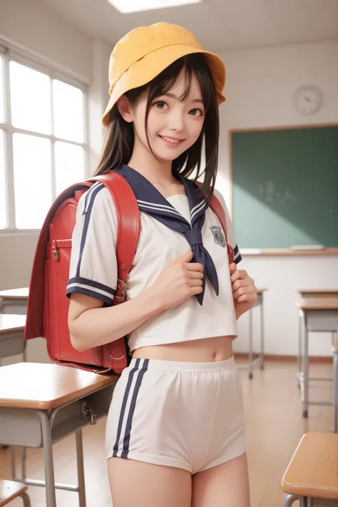 1 girl,school classroom,gap,,Luanie0159 ,satchel,gym clothes,backpack,yellow hat,school hat, score_9, score_8_up, score_7_up, score_6_up, score_9, score_8_up, score_7_up, score_6_up source_anime, , 1 girl,  Deuce Smile, Perfect Body , natural flat chest