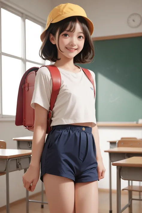 1 girl,school classroom,gap,,Luanie0159 ,satchel,white t-shirt, Navy blue shorts,backpack,yellow hat,school hat, score_9, score_8_up, score_7_up, score_6_up, score_9, score_8_up, score_7_up, score_6_up source_anime, , 1 girl,  Deuce Smile, Perfect Body , n...