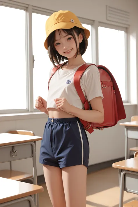 1 girl,school classroom,gap,,Luanie0159 ,satchel,white t-shirt, Navy blue shorts,backpack,yellow hat,school hat, score_9, score_8_up, score_7_up, score_6_up, score_9, score_8_up, score_7_up, score_6_up source_anime, , 1 girl,  Deuce Smile, Perfect Body , n...