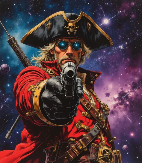 Space pirate Sp4C34N1m3 ,  points the gun at the viewer 