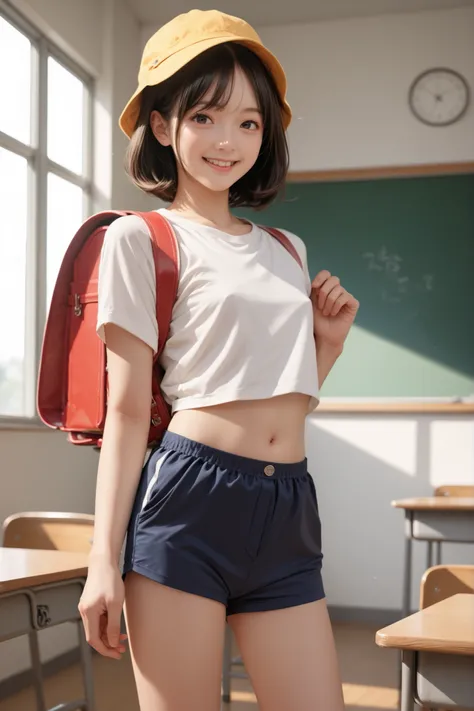 1 girl,school classroom,gap,,Luanie0159 ,satchel,(white t-shirt, belly button out:1.2, Navy blue shorts),backpack,yellow hat,school hat, score_9, score_8_up, score_7_up, score_6_up, score_9, score_8_up, score_7_up, score_6_up source_anime, , 1 girl,  Deuce...