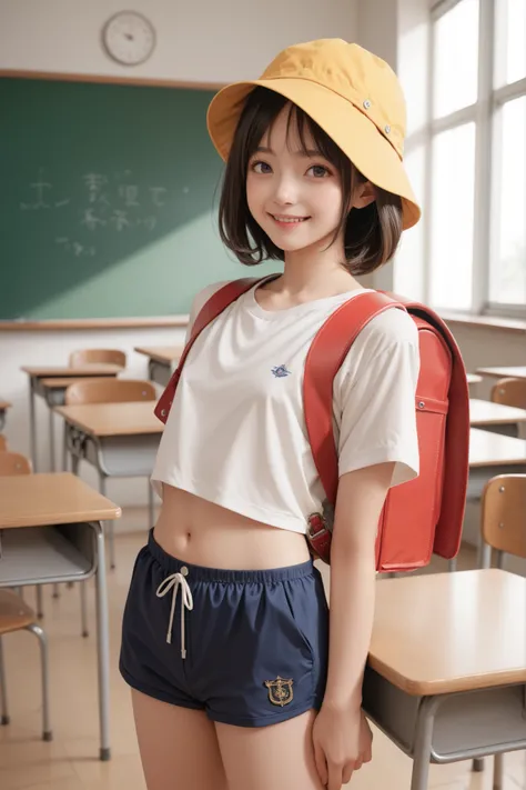 1 girl,school classroom,gap,,Luanie0159 ,satchel,(white t-shirt, belly button out:1.2, Navy blue shorts),backpack,yellow hat,school hat, score_9, score_8_up, score_7_up, score_6_up, score_9, score_8_up, score_7_up, score_6_up source_anime, , 1 girl,  Deuce...