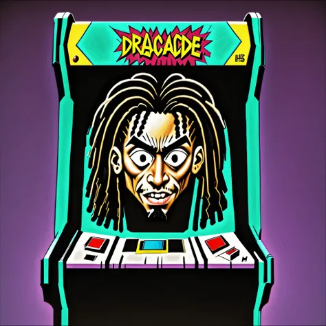 Pop Art style of a busy arcade game in the 1990s, a black with dreadlocks is in a game where only his face is visible, there are 3 games where only his face is visible, with bright neon lights and classic video game cabinets.