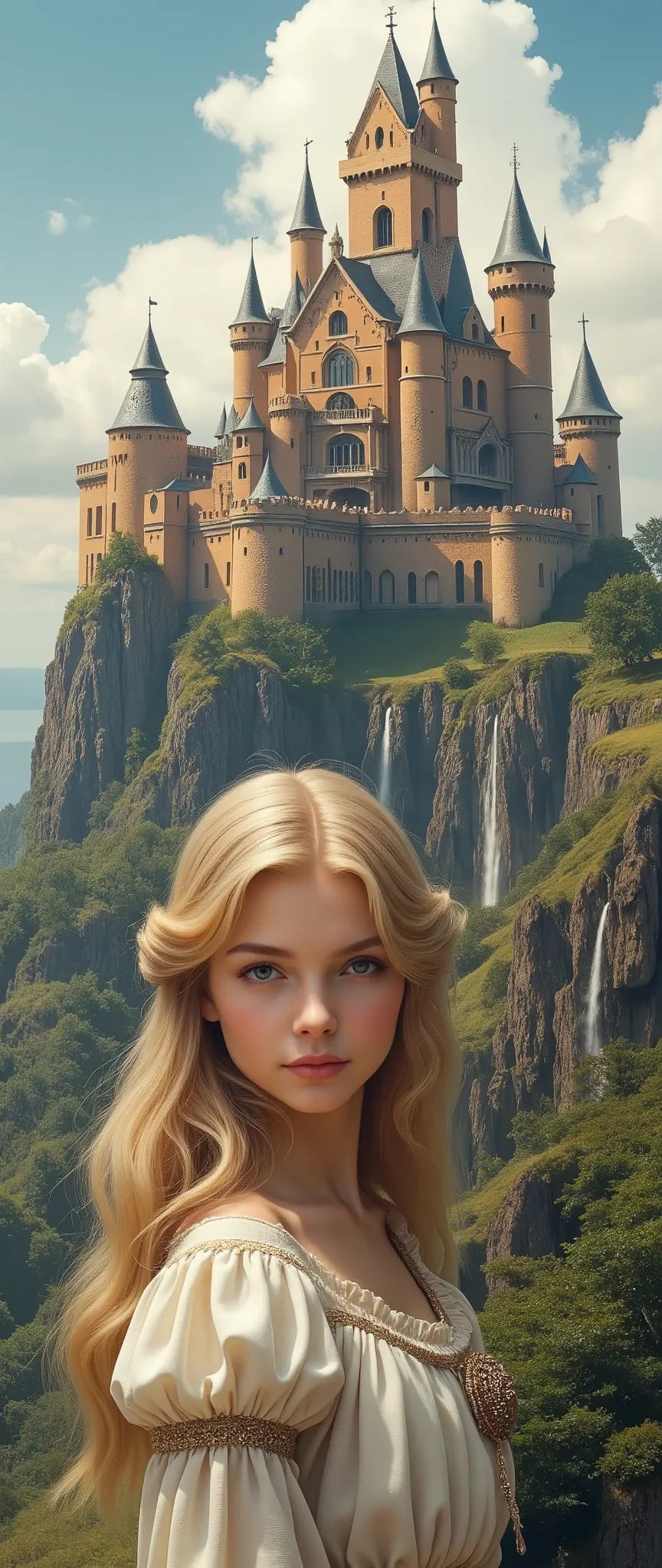 Beautiful Blonde Girl In High Definition Images、the brightly colored King Arthur's Camelot Castle、Magnificent、There are enough castle ruins、to drive you in awe、A castle that rises slightly on a hill。