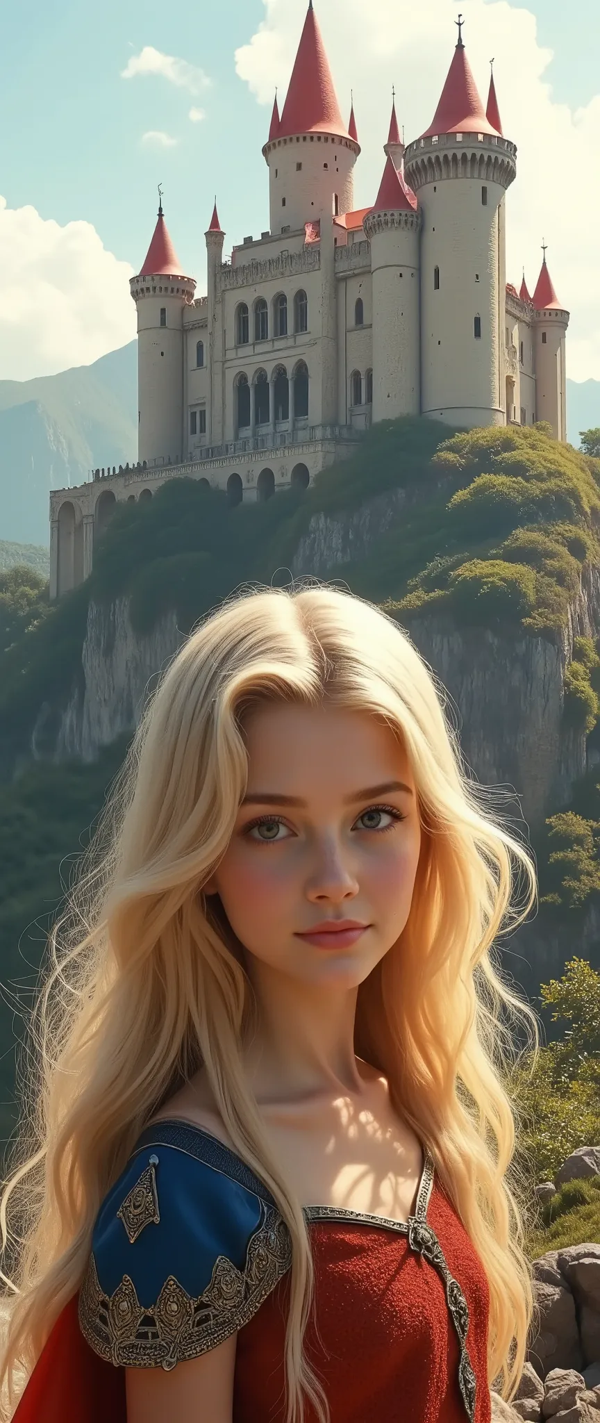 Beautiful Blonde Girl In High Definition Images、the brightly colored King Arthur's Camelot Castle、Magnificent、There are enough castle ruins、to drive you in awe、A castle that rises slightly on a hill。