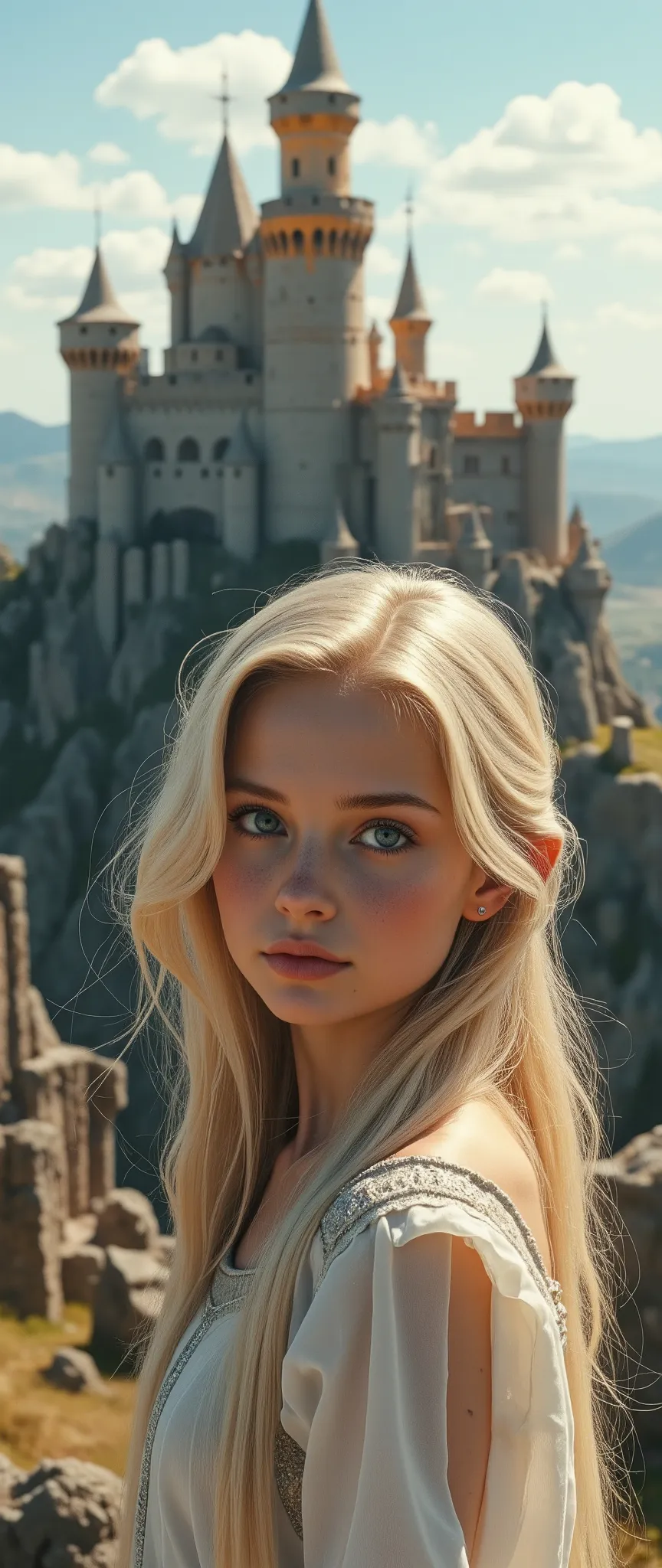 Beautiful Blonde Girl In High Definition Images、the brightly colored King Arthur's Camelot Castle、Magnificent、There are enough castle ruins、to drive you in awe、A castle that rises slightly on a hill。