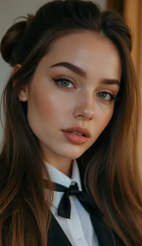 Nice cute girl in uniform, detailed face, beautiful facial expression, sensual pose, soft lighting, Реалистичный 8K, photorealistic, highly detailed, incredibly realistic, photographic quality, perfect design, professional studio photography, amazing color...