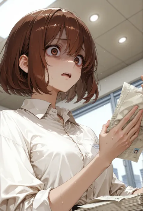 brown medium short hair、white collared shirt、Mahogany brown、holding documents in hand、angle from below、horrified/afraid、office