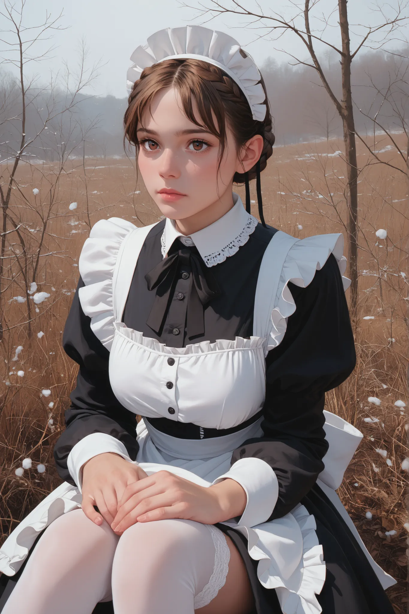 youth caucasian female,brown hair French Braid Low Bun,dark brown eye color,A Maid's headdress is worn on the head,She is wearing a Victorian maid's uniform,
She is wearing white stockings,She exhales into her hands. The background is outdoors in winter.