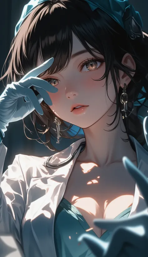 anime style inspired by Golgo 13, cinematic dramatic extreme close-up shot, sexy busty Japanese female doctor with glamorous actress-like face, visible only from bust top up, loosely worn white doctor's coat showing cleavage, elegant seductive gloved hand ...