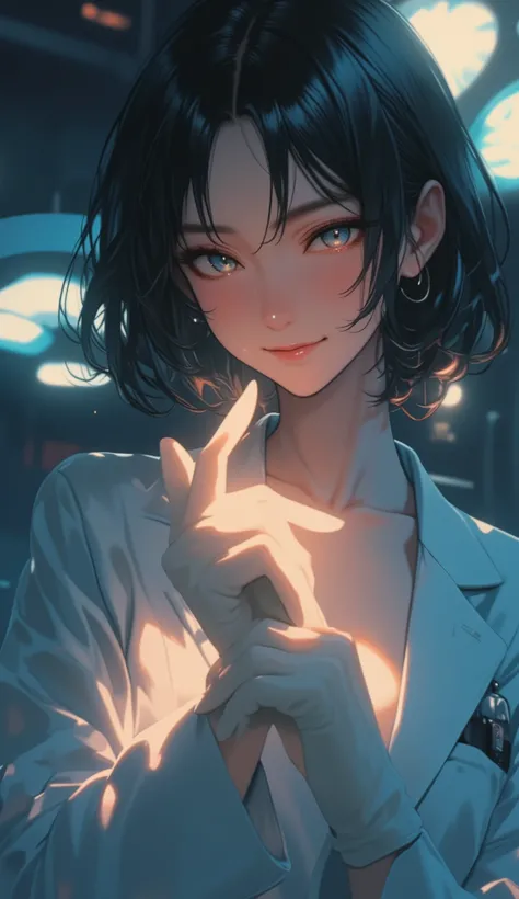 anime style inspired by Golgo 13, cinematic ultra extreme close-up, elegant seductive gloved hand filling the frame, hand is the main focus, ultra sharp focus on god-like beautiful hand and fingers, smooth and glossy, glowing softly with divine light, back...