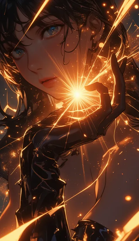 anime style inspired by Golgo 13, ultra extreme cinematic close-up, elegant seductive gloved hand filling the frame, hand is the main focus, ultra sharp focus on god-like beautiful hand and fingers, glowing brilliantly with radiant beams and sparkling part...