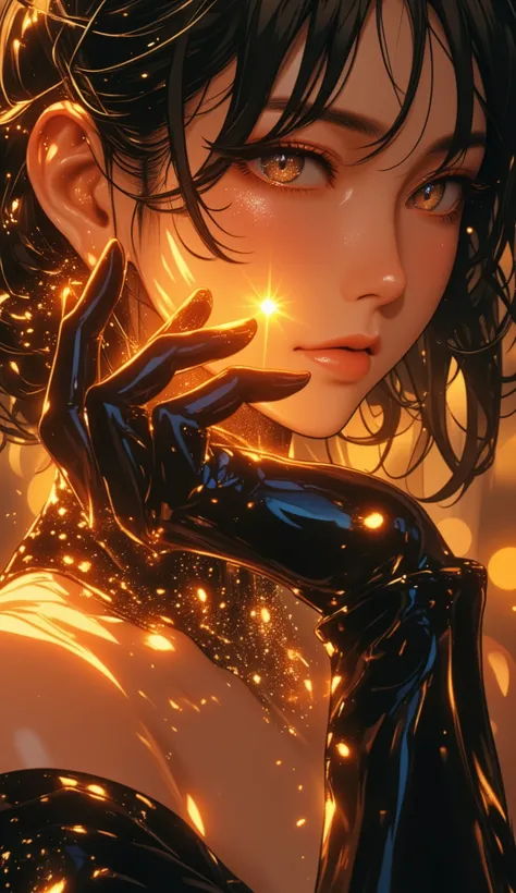 anime style inspired by Golgo 13, ultra extreme cinematic close-up, elegant seductive gloved hand filling the frame, hand is the main focus, ultra sharp focus on god-like beautiful hand and fingers, glowing brilliantly with radiant beams and sparkling part...
