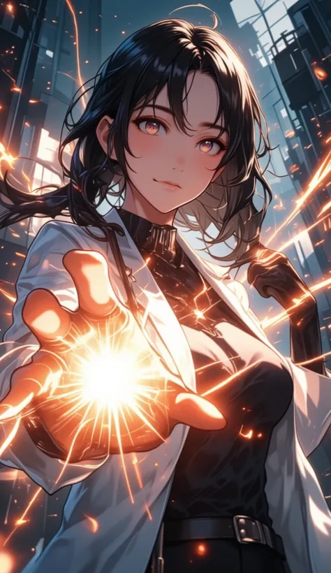 anime style inspired by Golgo 13, ultra extreme cinematic close-up, elegant seductive gloved hand filling the frame, the hand is the main focus, sharp focus, illuminated dramatically with intense spotlight, glowing brilliantly, radiant beams and sparkling ...