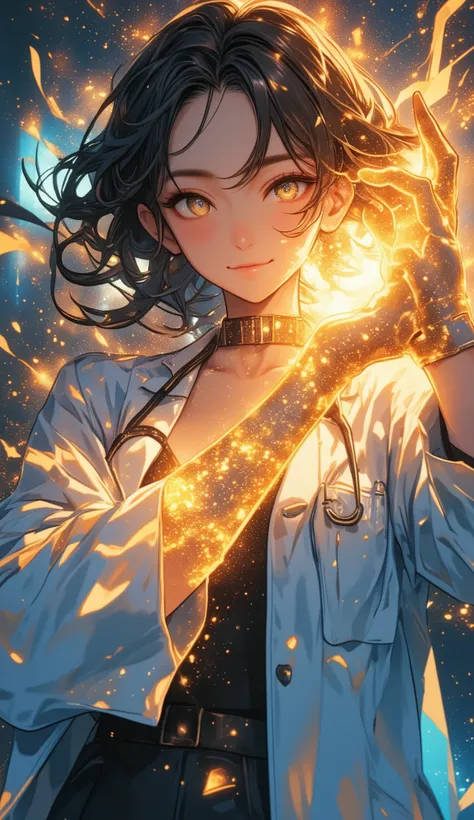 anime style inspired by Golgo 13, ultra extreme cinematic close-up, elegant seductive gloved hand filling the frame, the hand is the main focus, ultra sharp focus, glowing brilliantly with radiant divine light, surrounded by mystical holy aura and sparklin...