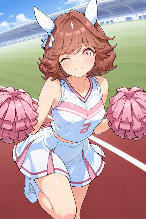 Waste \(Uma Musume\),(((masterpiece))),(((details)))((Highest Quality)),((hyper details)),(beautiful),((Shiny rhinoceros)),(((about))),( High Definition ),((8k)),((high resolution)),pink and white cheerleader, Holding Large Pompoms in Both Hands, dynamic ...