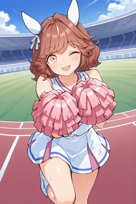 Waste \(Uma Musume\),(((masterpiece))),(((details)))((Highest Quality)),((hyper details)),(beautiful),((Shiny rhinoceros)),(((about))),( High Definition ),((8k)),((high resolution)),pink and white cheerleader, Holding Large Pompoms in Both Hands, dynamic ...