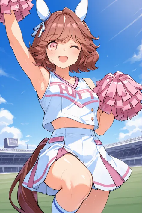 Waste \(Uma Musume\),(((masterpiece))),(((details)))((Highest Quality)),((hyper details)),(beautiful),((Shiny rhinoceros)),(((about))),( High Definition ),((8k)),((high resolution)),pink and white cheerleader, Holding Large Pompoms in Both Hands, dynamic ...