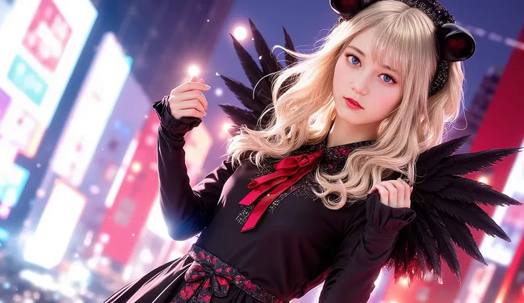p4r0llel_style,masterpiece, Highest Quality, incredibly Absard Dress, Absard Dress, 1 girl,Alternative _costume,arm_warmers,Ascot,black_hello,black_Pantyhose,black_shirt,black_skirt for ears,black_wing,blondes_hair, commission,feathered_wing, floral _print...