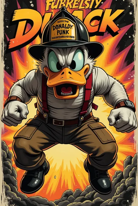 Vintage 70s action comic book cover, Vector Style, lowbrow art, A fierce, untamed muscular Donald duck with a rugged appearance. Donald Duck looks serious and confident, symbolizing strength, fearlessness . He is wearing a black firefighter helmet. tight w...