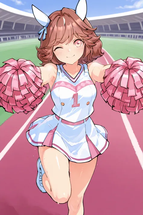 Waste \(Uma Musume\),(((masterpiece))),(((details)))((Highest Quality)),((hyper details)),(beautiful),((Shiny rhinoceros)),(((about))),( High Definition ),((8k)),((high resolution)),pink and white cheerleader, Holding Large Pompoms in Both Hands, dynamic ...