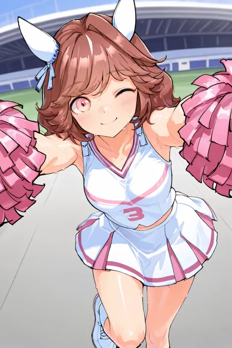 Waste \(Uma Musume\),(((masterpiece))),(((details)))((Highest Quality)),((hyper details)),(beautiful),((Shiny rhinoceros)),(((about))),( High Definition ),((8k)),((high resolution)),pink and white cheerleader, Holding Large Pompoms in Both Hands, dynamic ...