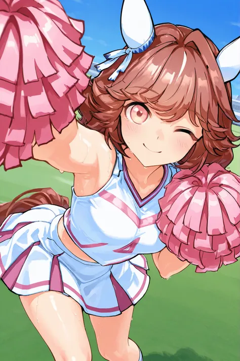 Waste \(Uma Musume\),(((masterpiece))),(((details)))((Highest Quality)),((hyper details)),(beautiful),((Shiny rhinoceros)),(((about))),( High Definition ),((8k)),((high resolution)),pink and white cheerleader, Holding Large Pompoms in Both Hands, dynamic ...