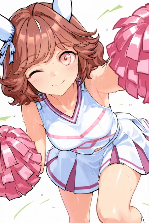 Waste \(Uma Musume\),(((masterpiece))),(((details)))((Highest Quality)),((hyper details)),(beautiful),((Shiny rhinoceros)),(((about))),( High Definition ),((8k)),((high resolution)),pink and white cheerleader, Holding Large Pompoms in Both Hands, dynamic ...