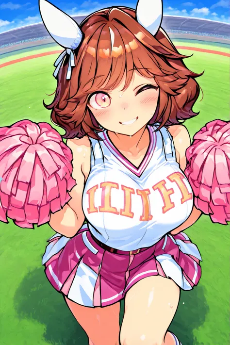 Waste \(Uma Musume\),(((masterpiece))),(((details)))((Highest Quality)),((hyper details)),(beautiful),((Shiny rhinoceros)),(((about))),( High Definition ),((8k)),((high resolution)),pink and white cheerleader, Holding Large Pompoms in Both Hands, dynamic ...